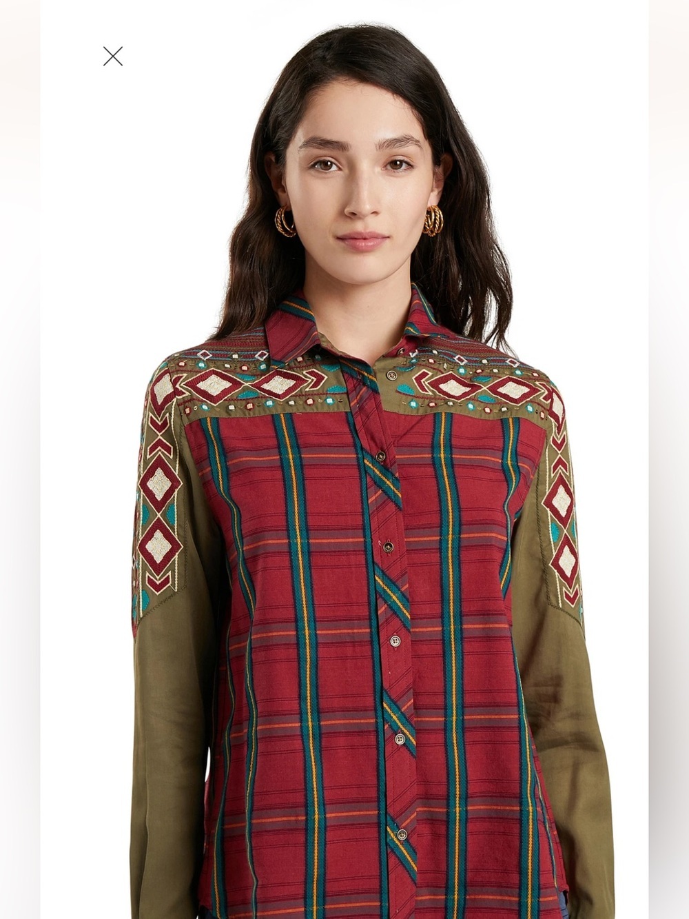 Desigual Cam Lottie Dod Tartan Plaid Embroidered Boho Shirt Festival Western M